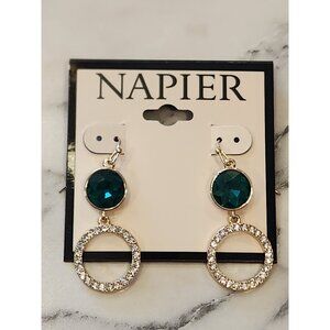 Napier Gold-Tone Drop Earrings With Green Crystal & Rhinestone Circle Design